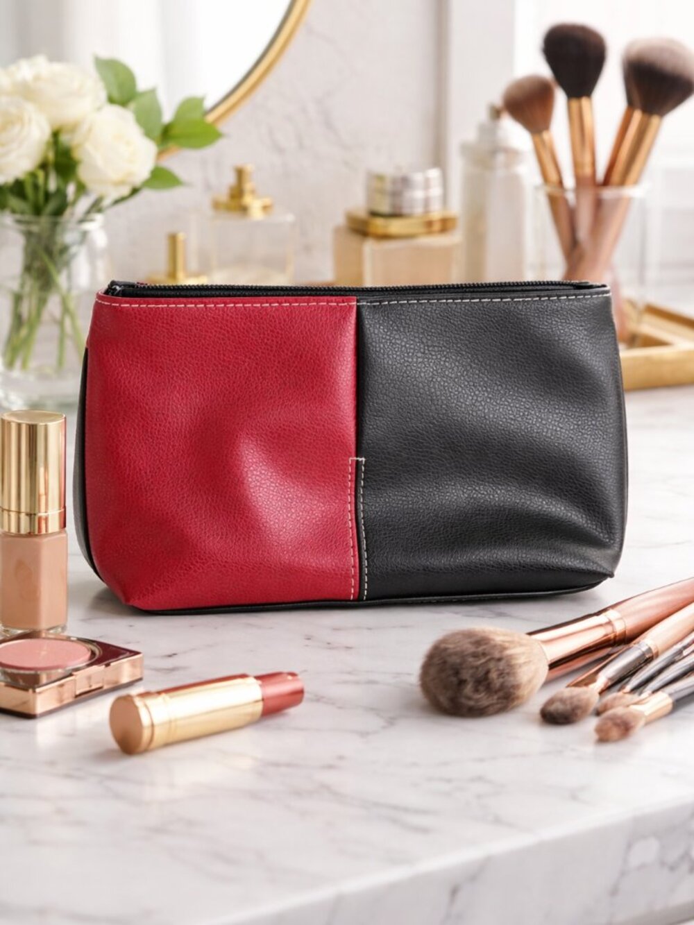 Elizabeth Arden Red Black Faux Leather Zip Cosmetic Makeup Pouch